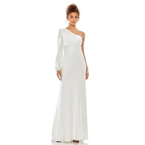 Ieena for Mac Duggal One Shoulder Blouson Sleeve Gown White Size 10 NWT - Picture 1 of 12